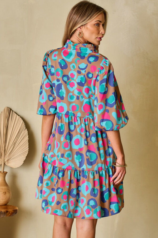 Green Leopard Print Bubble Sleeve Slit Neck Ruffled Dress - Image 2