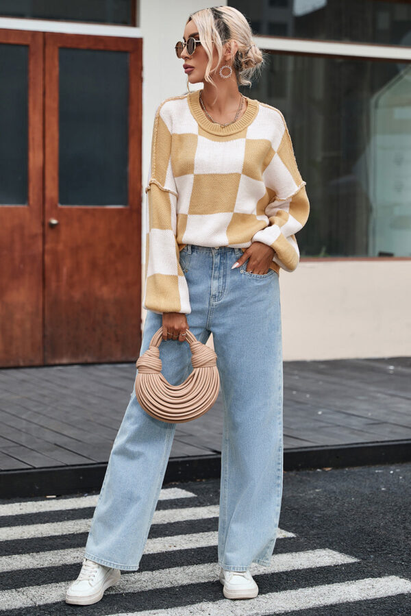 Khaki Checkered Bishop Sleeve Sweater - Image 16