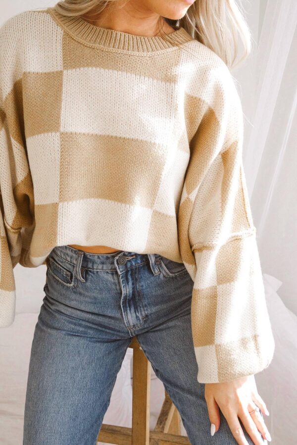 Khaki Checkered Bishop Sleeve Sweater - Image 19