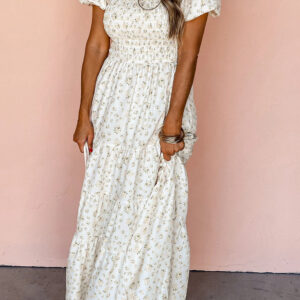 White Frilly Shirred Bodice Tiered Floral Maxi Dress