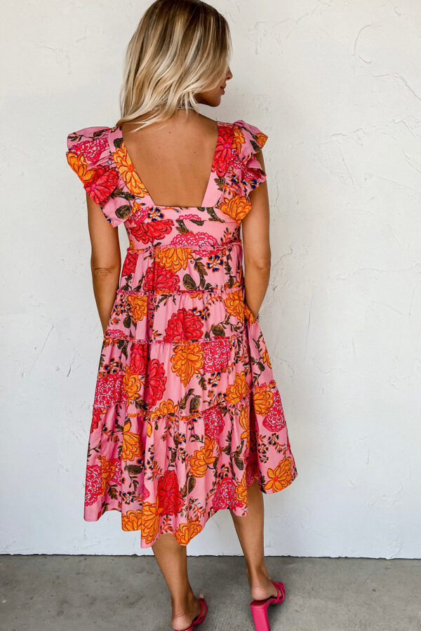 Pink Floral Square Neck Ruffled Flutter Sleeve Tiered Midi Dress - Image 2