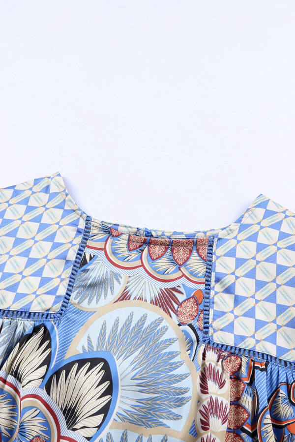 Black Black Mixed Floral Geometric Print Ruffled Long Sleeve Blouse - Image 17