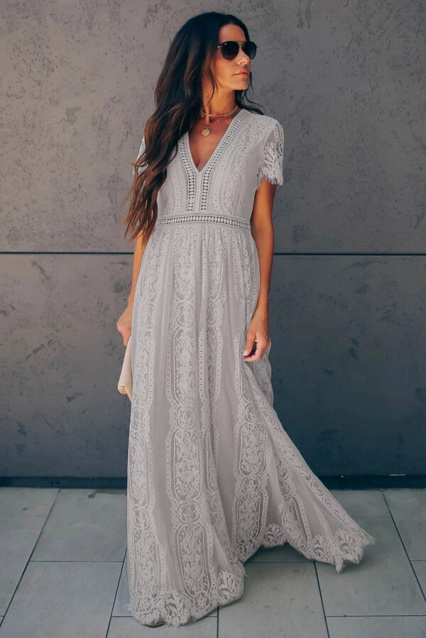 Burgundy Deep V Neck Short Sleeve Lace Maxi Dress - Image 7