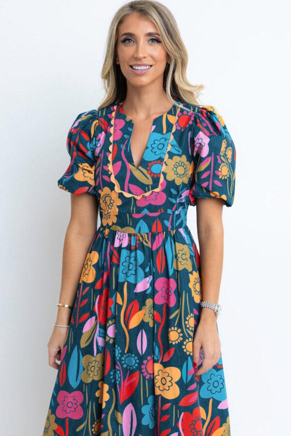 Green Retro Floral Printed Split Neck Maxi Dress - Image 5