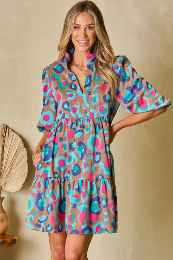 Green Leopard Print Bubble Sleeve Slit Neck Ruffled Dress - Image 3