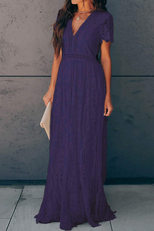 Burgundy Deep V Neck Short Sleeve Lace Maxi Dress - Image 26