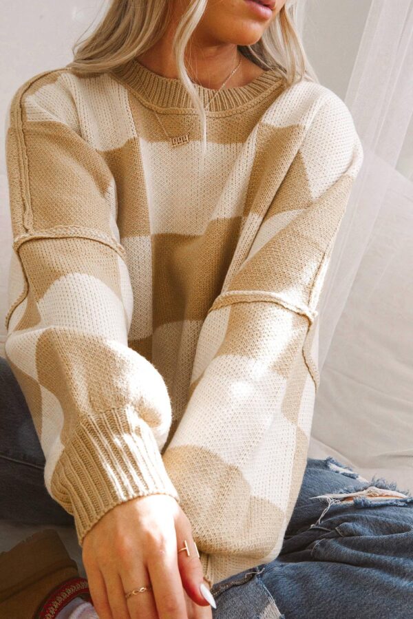 Khaki Checkered Bishop Sleeve Sweater - Image 18