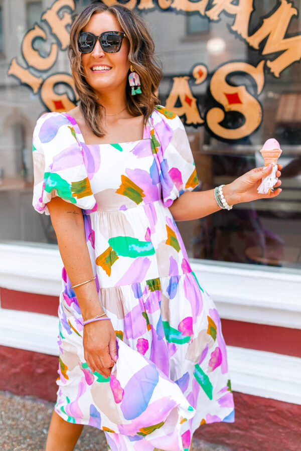 Purple Abstract Print Puff Sleeve Smocked Back Midi Dress - Image 5