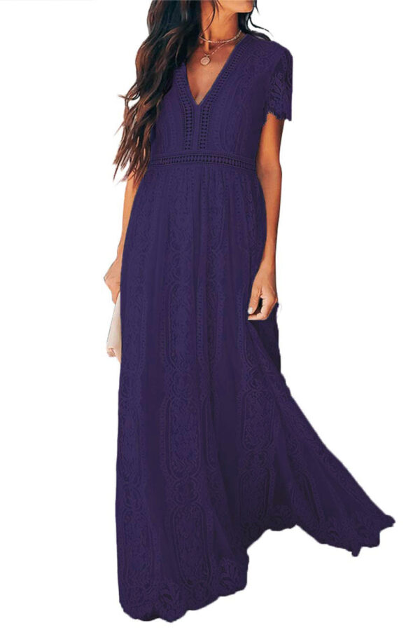 Burgundy Deep V Neck Short Sleeve Lace Maxi Dress - Image 28