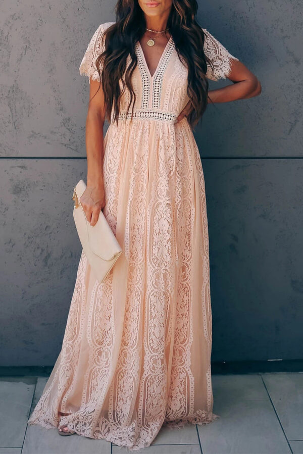 Burgundy Deep V Neck Short Sleeve Lace Maxi Dress - Image 24