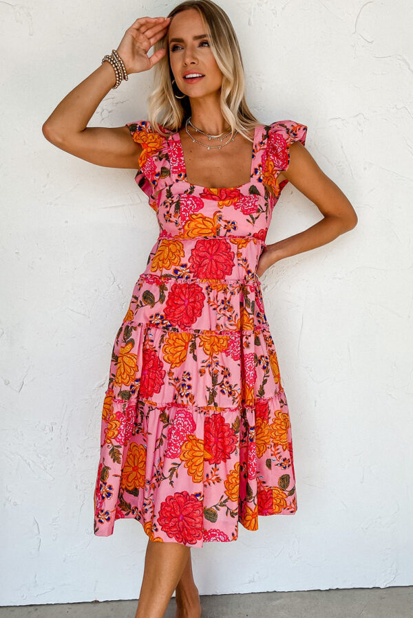 Pink Floral Square Neck Ruffled Flutter Sleeve Tiered Midi Dress - Image 4