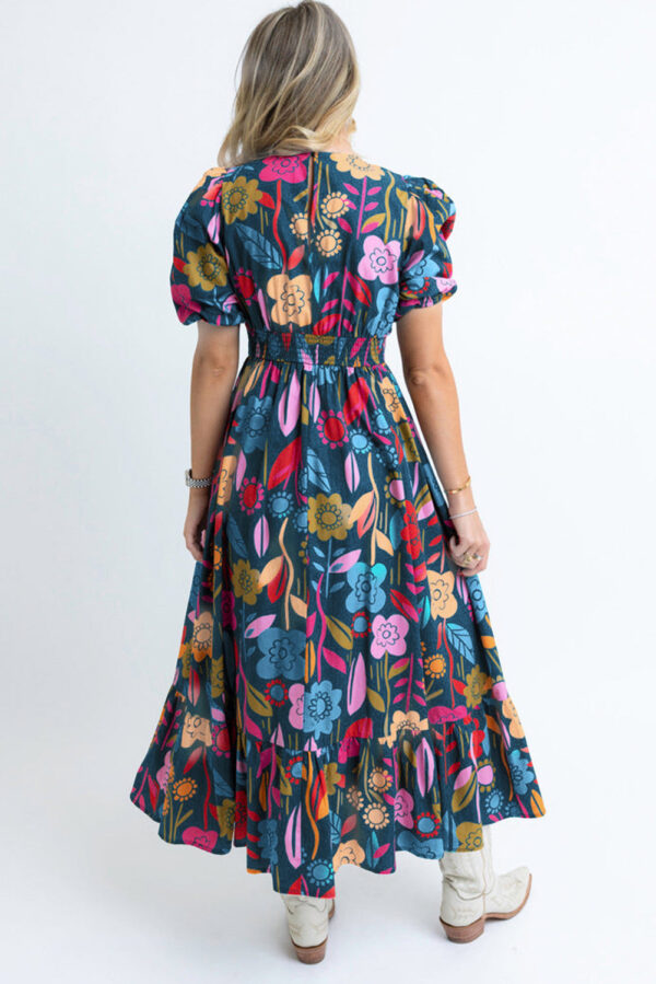 Green Retro Floral Printed Split Neck Maxi Dress - Image 4