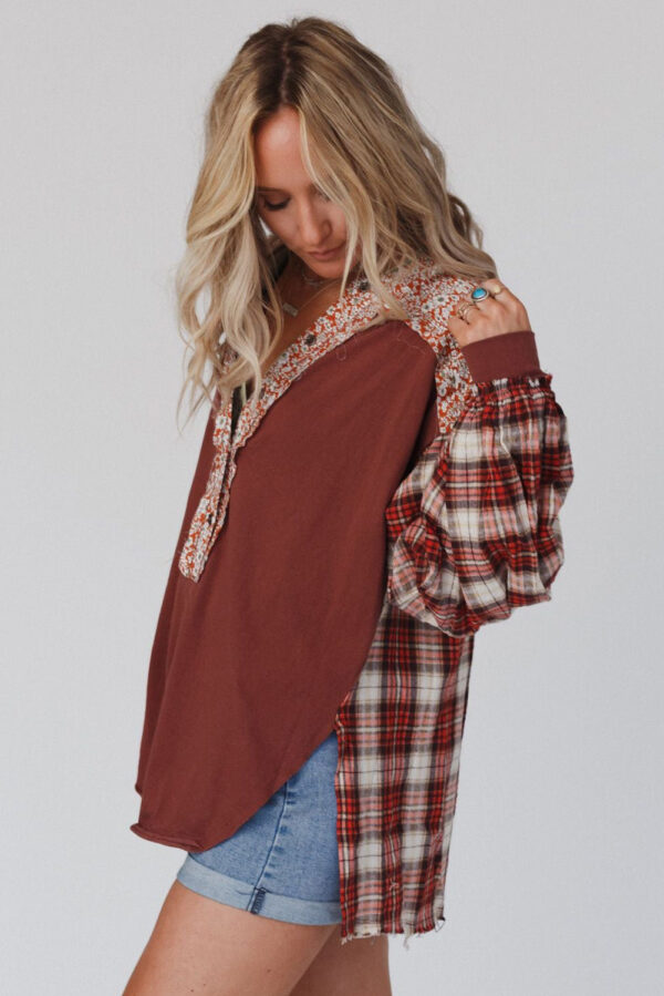Red Floral Plaid Mixed Print Bishop Sleeve Patchwork Top - Image 11