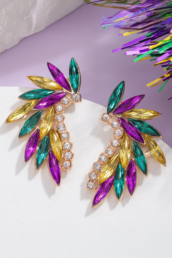 Gold Mardi Gras Rhinestone Crystal Inlay Stud Earrings - Image 2