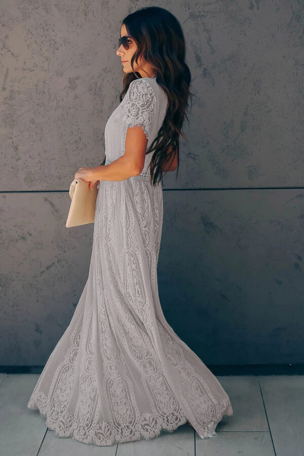 Burgundy Deep V Neck Short Sleeve Lace Maxi Dress - Image 8