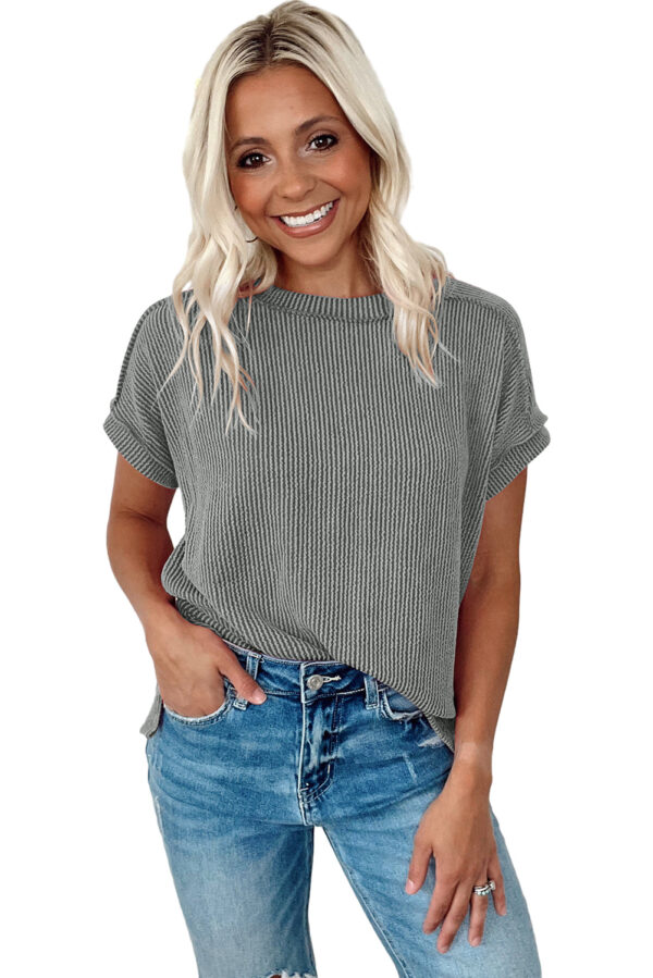 Medium Grey Textured Knit Exposed Stitching T-shirt - Image 5