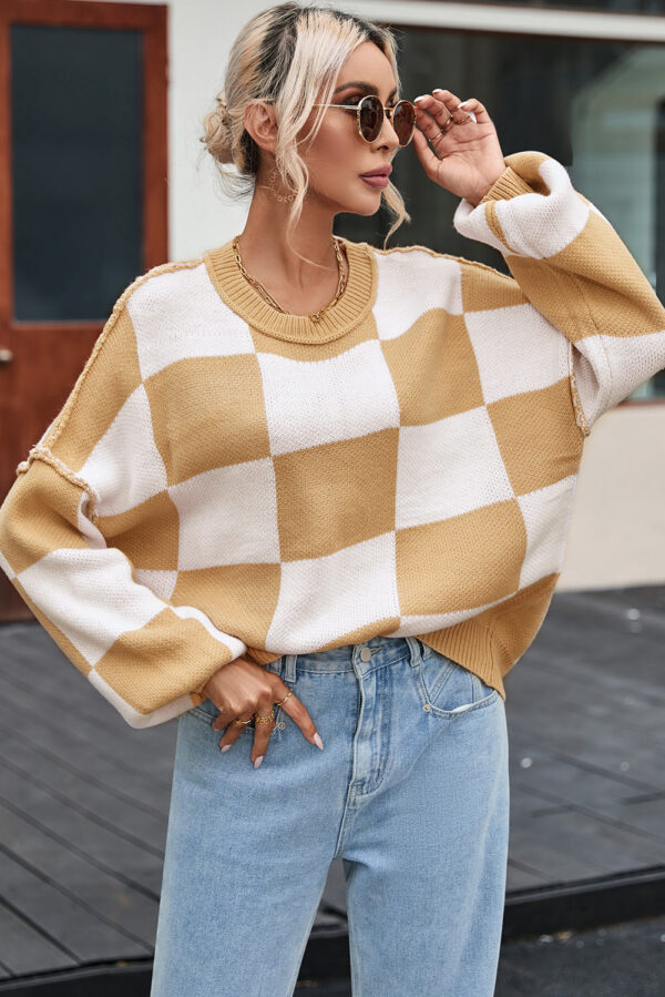Khaki Checkered Bishop Sleeve Sweater - Image 13
