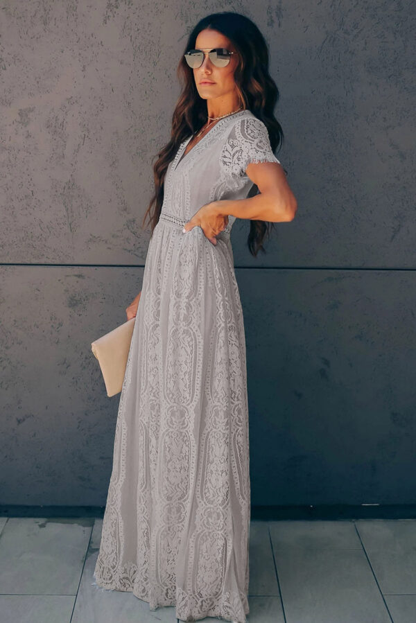 Burgundy Deep V Neck Short Sleeve Lace Maxi Dress - Image 10