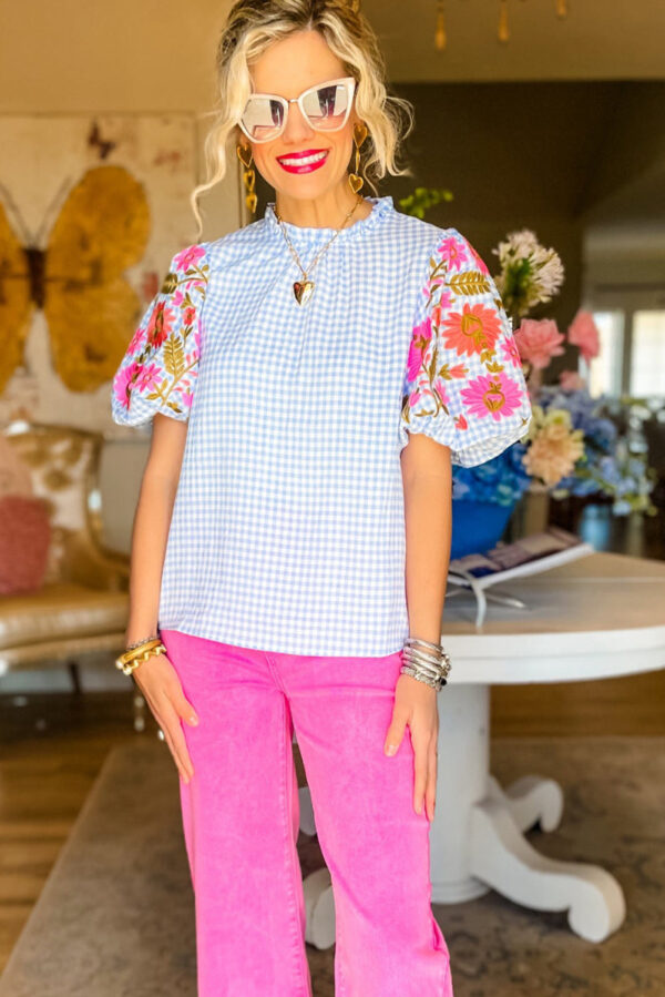 Light Blue Gingham Floral Embroidered Puff Sleeve Blouse - Image 2