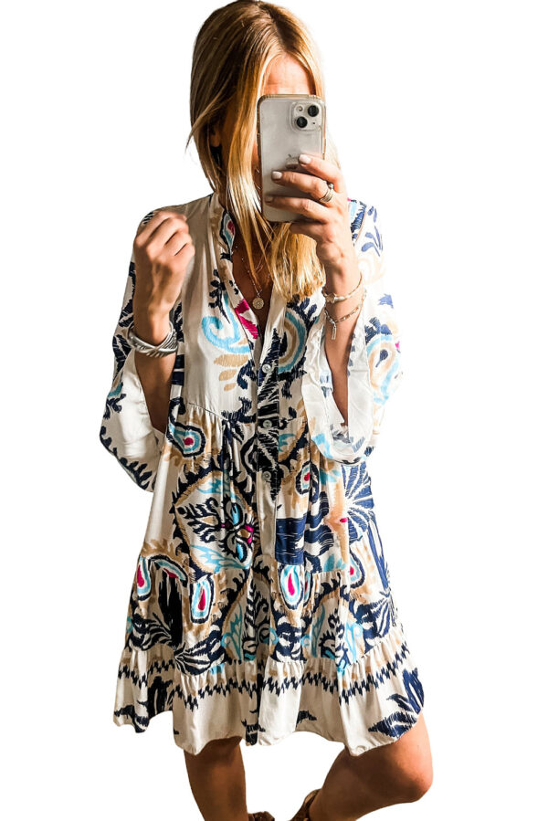 White Printed Tribal Print Bracelet Sleeve Buttoned Mini Dress - Image 5