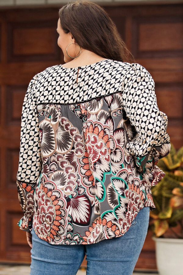 Black Black Mixed Floral Geometric Print Ruffled Long Sleeve Blouse - Image 27