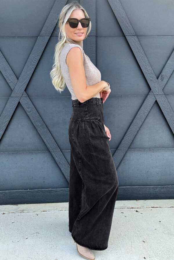 Dark Grey Pleated Wide Leg Mineral Wash Denim Pants - Image 5