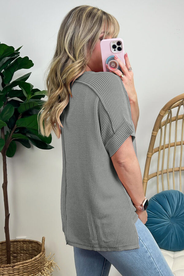 Medium Grey Textured Knit Exposed Stitching T-shirt - Image 2