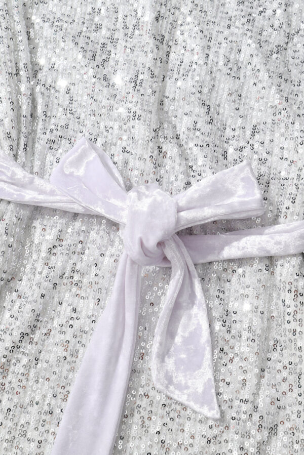 Silvery Sequin Long Sleeve Tie Waist Mini Dress - Image 9