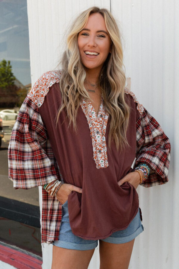 Red Floral Plaid Mixed Print Bishop Sleeve Patchwork Top - Image 6