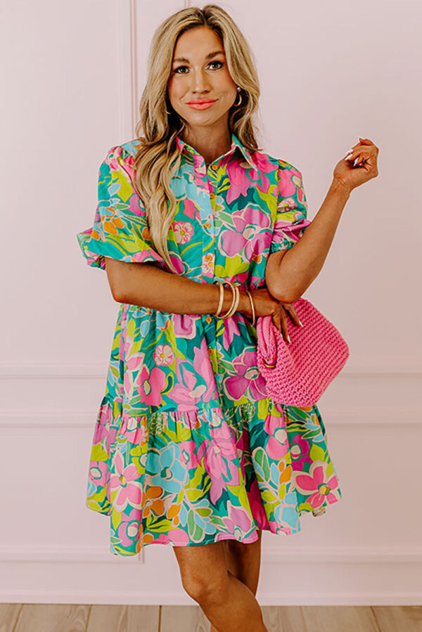 Green Floral Puff Sleeve Collar Buttoned Babydoll Dress - Image 5